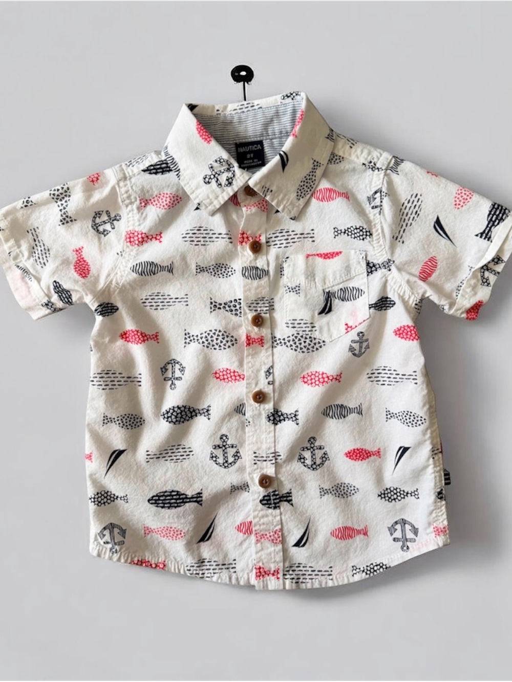 Nautica White Short-Sleeve Button-Down Shirt with Navy & Pink Fish Print
